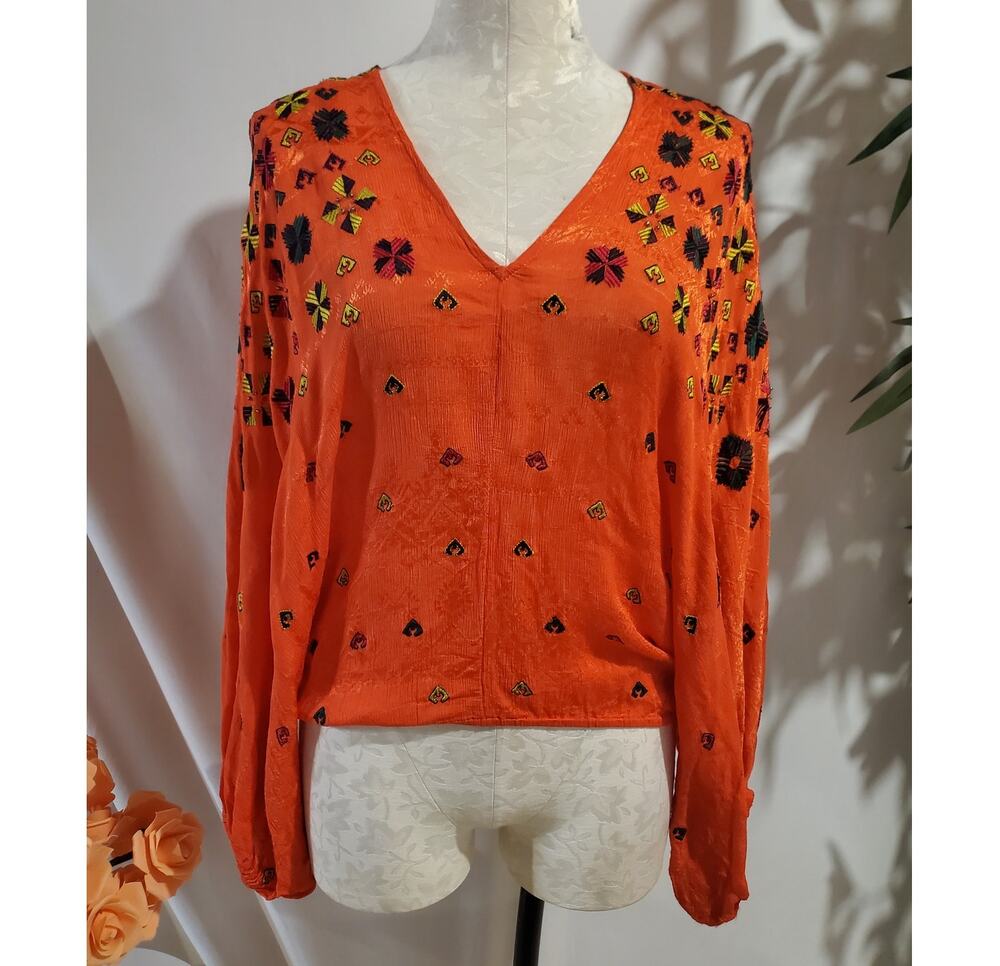Free People Music In Time Embroidered Beaded V-Neck Blouse Top Sz S Orange Boho